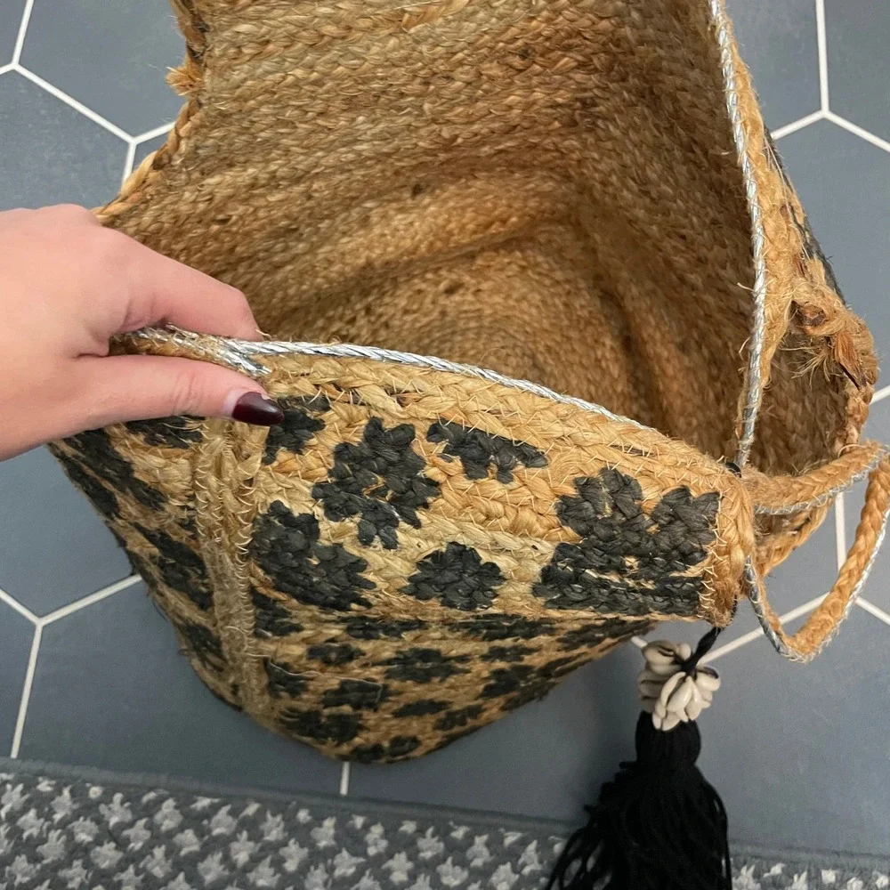 Jute Tote Bag‎ Black Floral Print Tassel Shell Detail Woven Basket Boho Beach